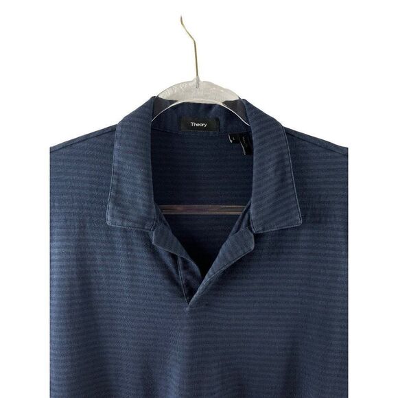 Theory Willem Flame Striped Jersey Polo Men's Large Navy Blue Short Sleeves - Picture 2 of 9